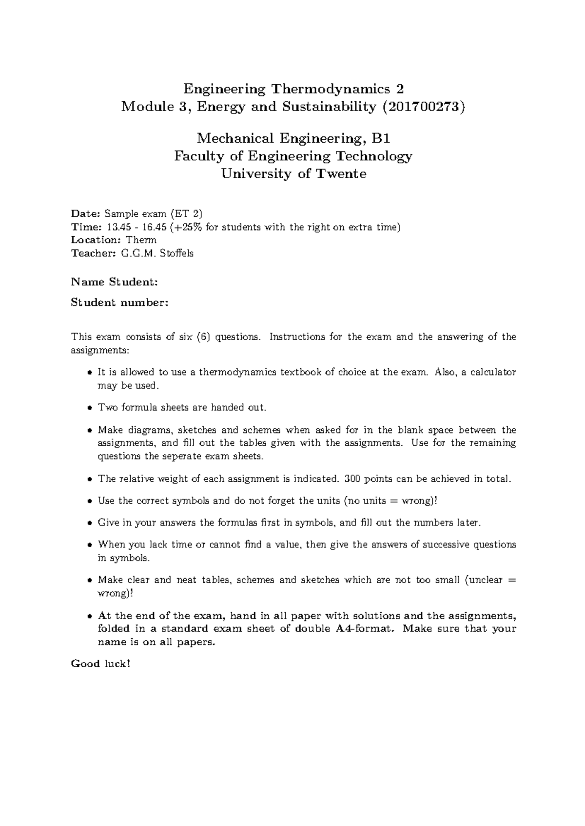 Sample Exam (ET 201700273) on Engineering Thermodynamics 2: Energy ...