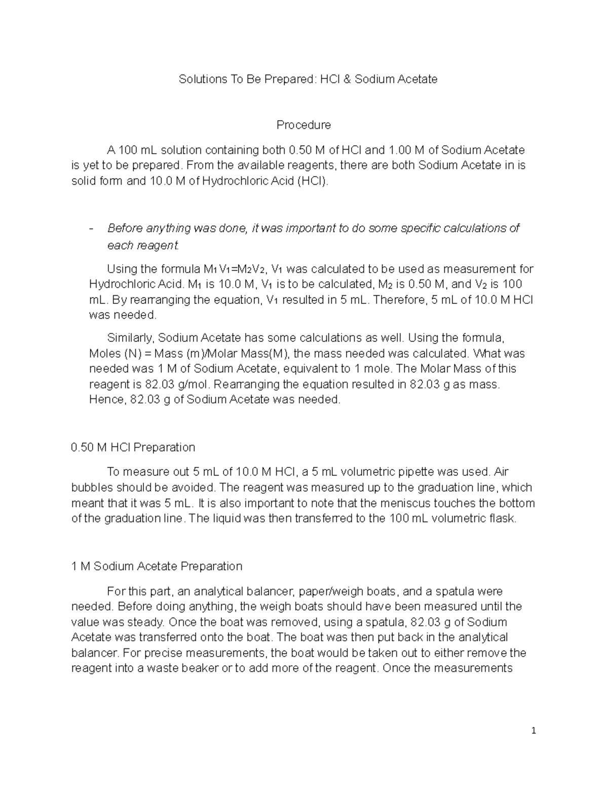 Pre-Lab 1: Preparation of HCl & Sodium Acetate Solutions - Studocu