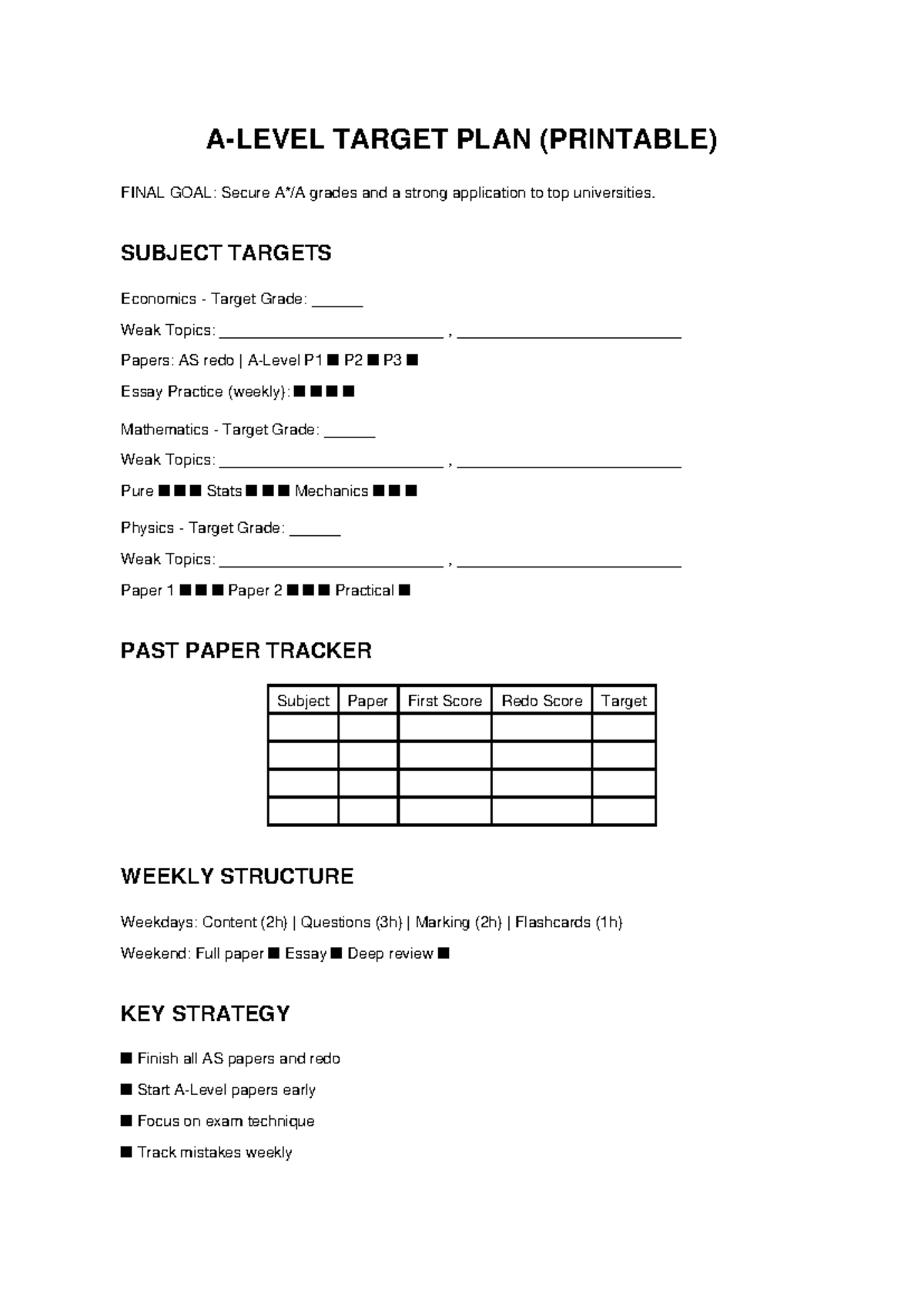 A Level Target Plan (Printable) - Final Goal for Top Universities - Studocu