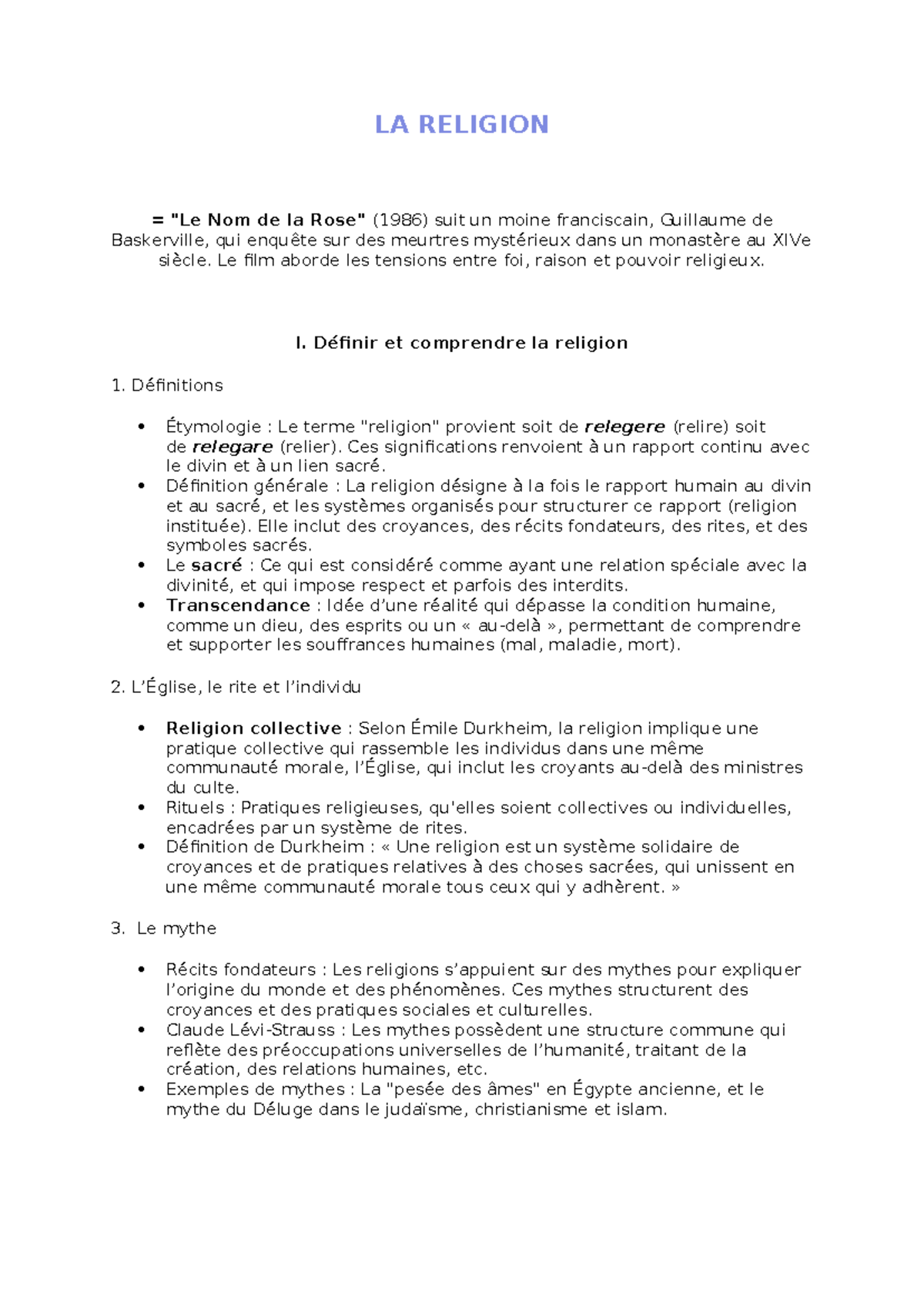 Fiche de Révision : LA RELIGION - Concepts et Théories (1986) - Studocu