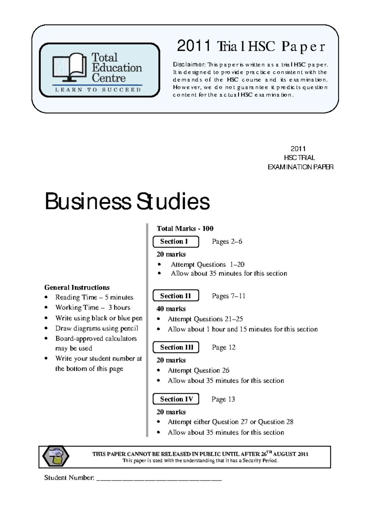 2011 Business Studies Trial HSC Exam Paper with Solutions (BUS) - Studocu