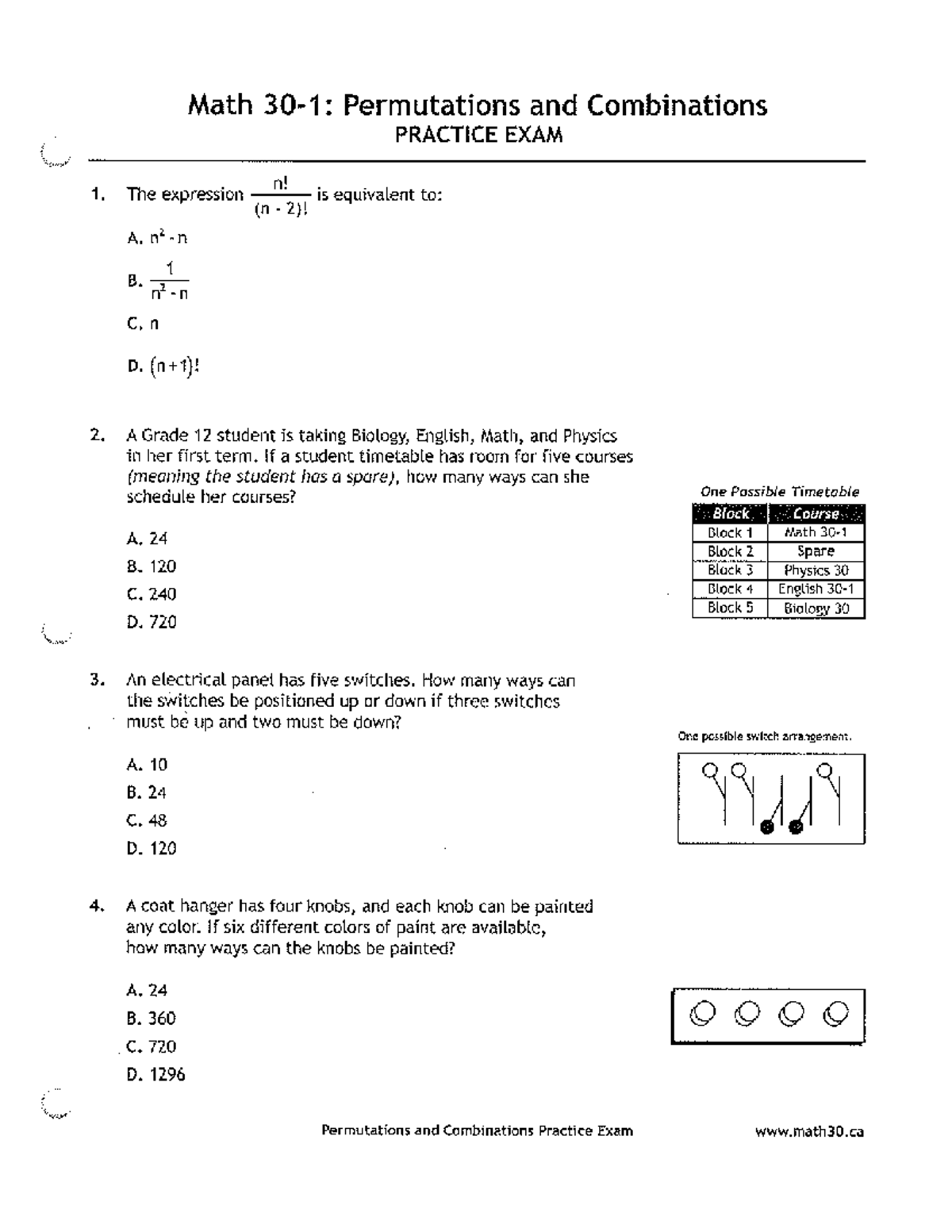 Permutations & Combinations Practice Exam (Math 12) - Studocu