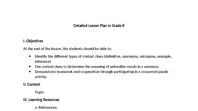 Detailed Lesson Plan on Context Clues for Grade 8 (LP-Context Clues ...