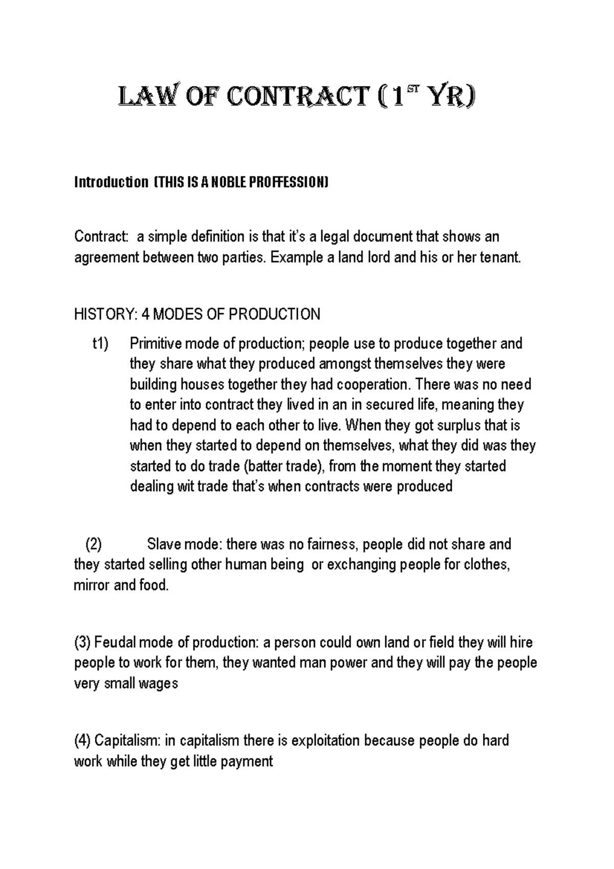 Contract Law Notes (LAW 101) - Understanding Key Concepts and ...