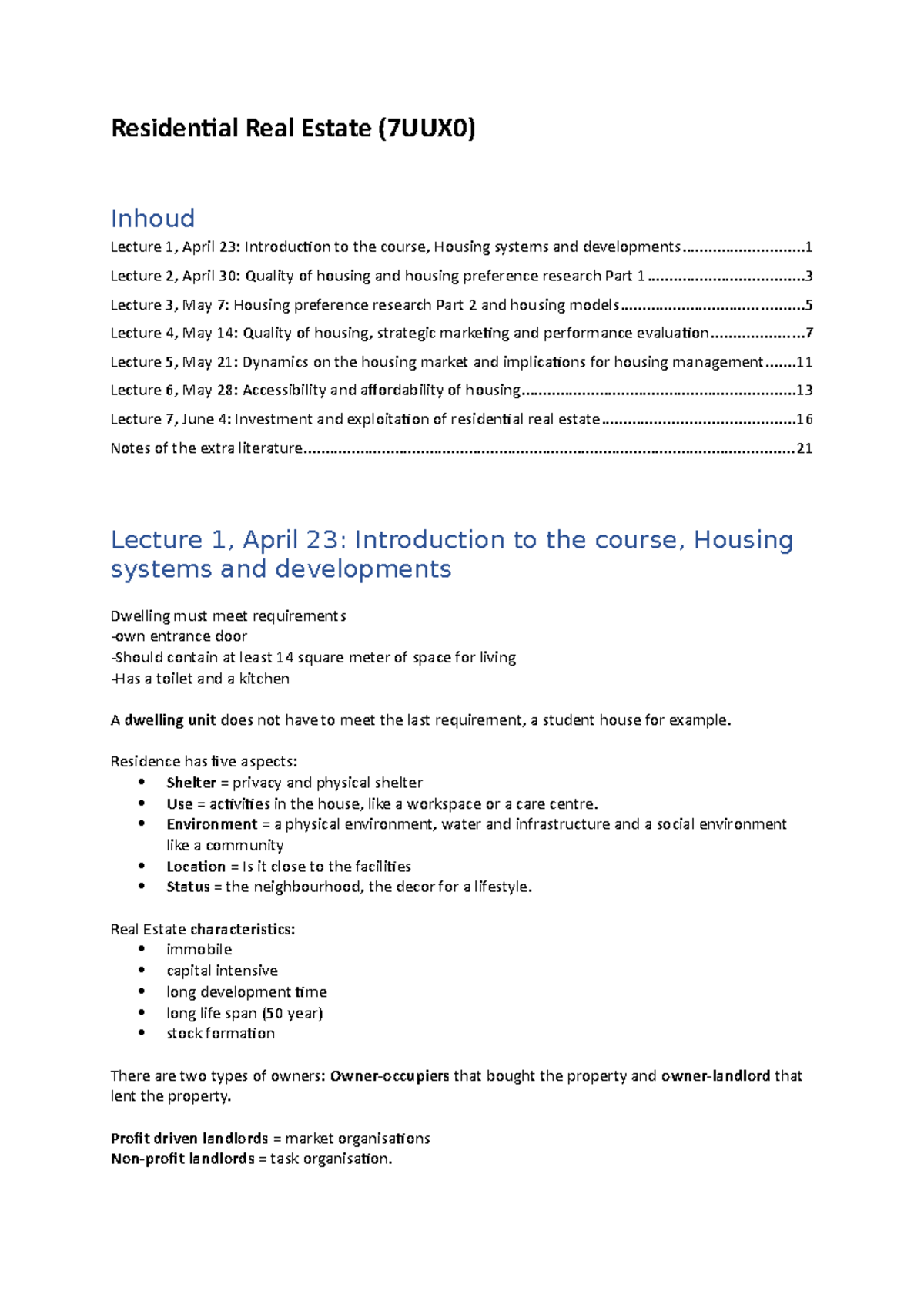 Residential Real Estate Course Notes (7UUX0) - Lectures Overview ...