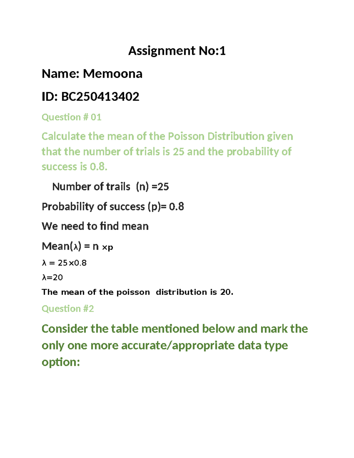Assignment 1: Poisson Distribution & Data Types Analysis - Studocu