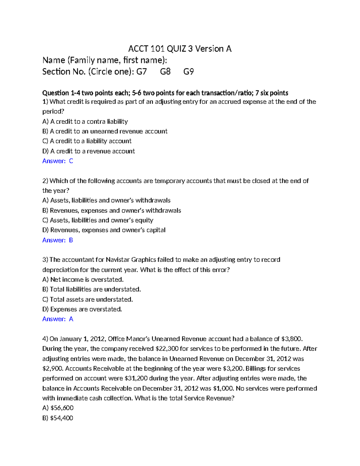 ACCT 101 QUIZ 3 Version A - Adjusting Entries & Revenue Recognition ...