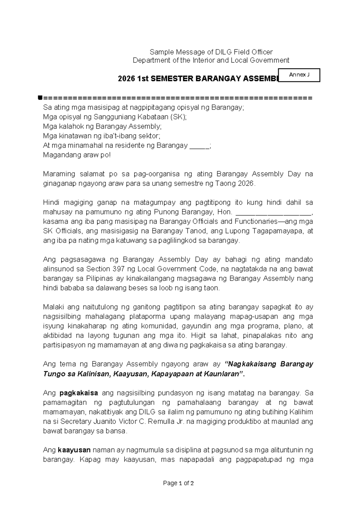 Annex J: Sample Message for DILG Field Officer - 2026 1st Sem Barangay ...
