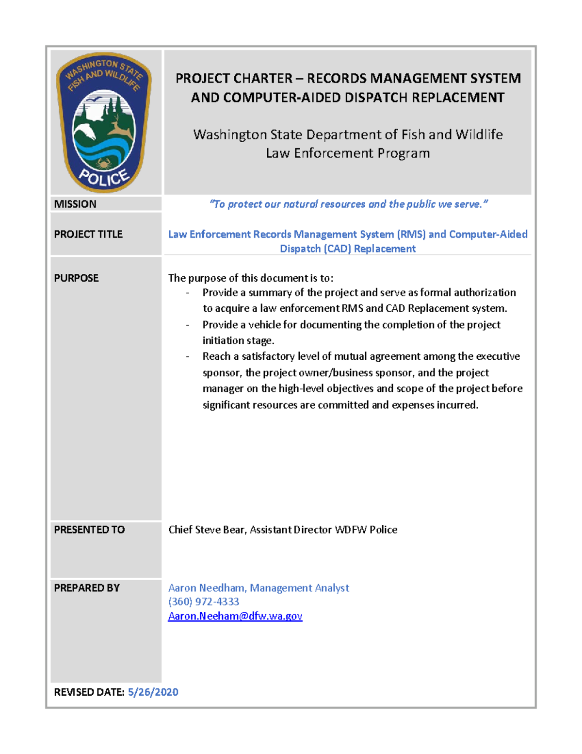 RMS and CAD Project Charter – WDFW Law Enforcement System - Studocu