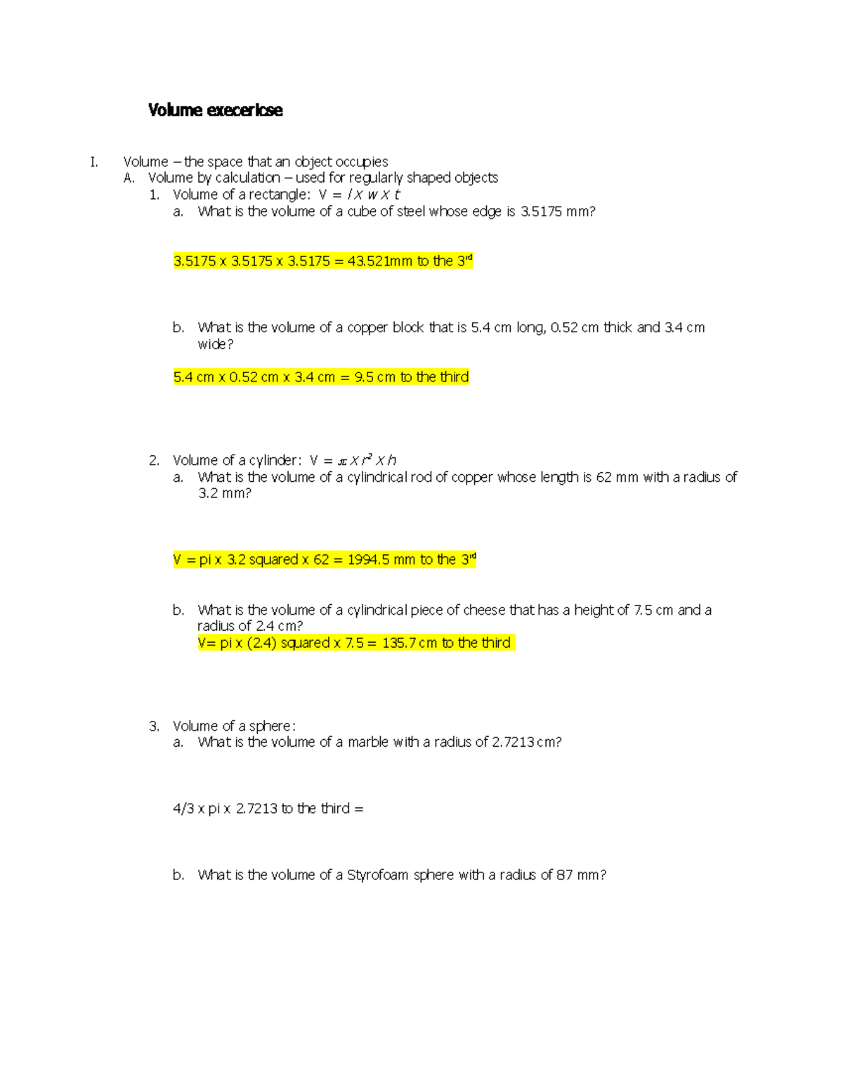Ch2 - Volume Exercises Study Material for Calculating Volume - Studocu