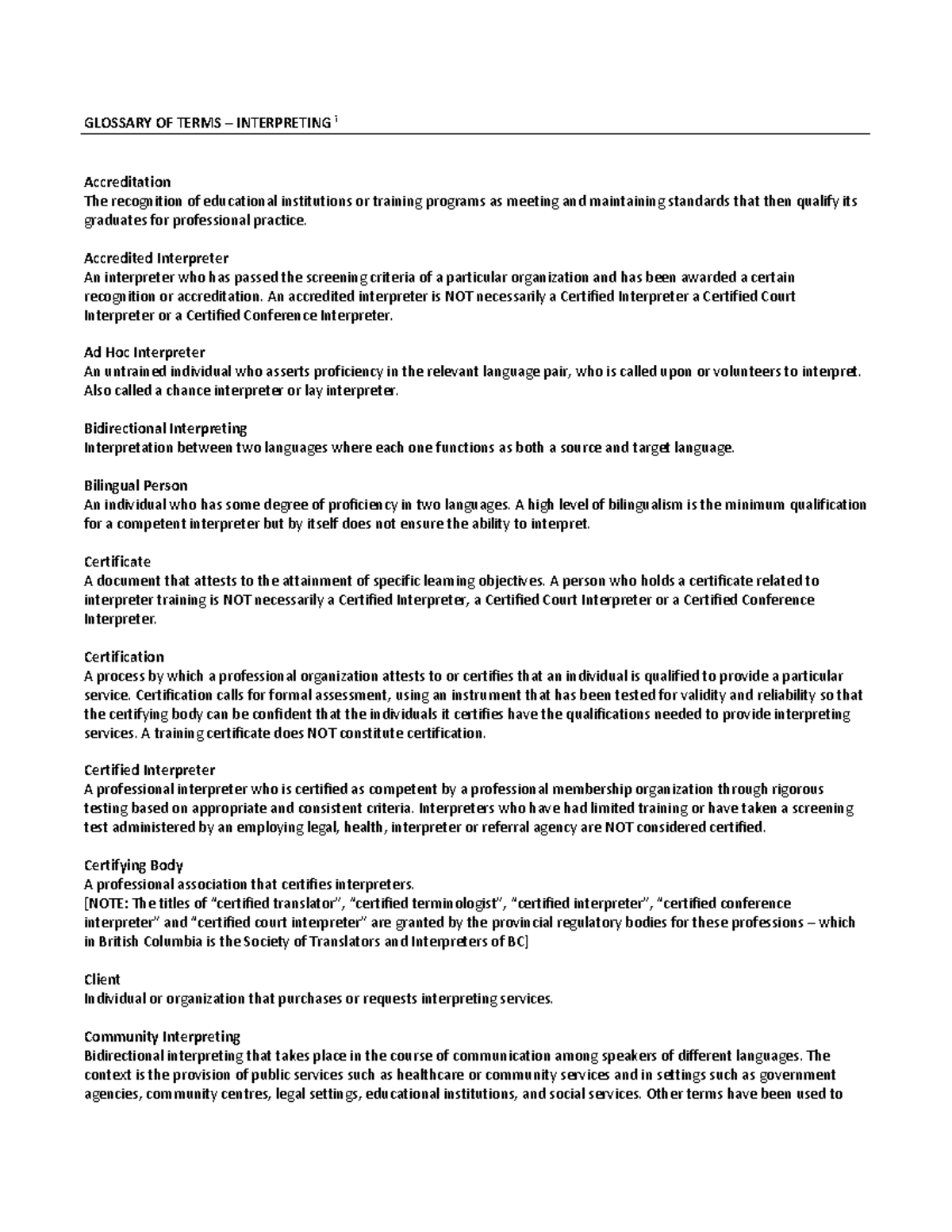 Interpreter Glossary - Key Terms and Definitions for i - Studocu