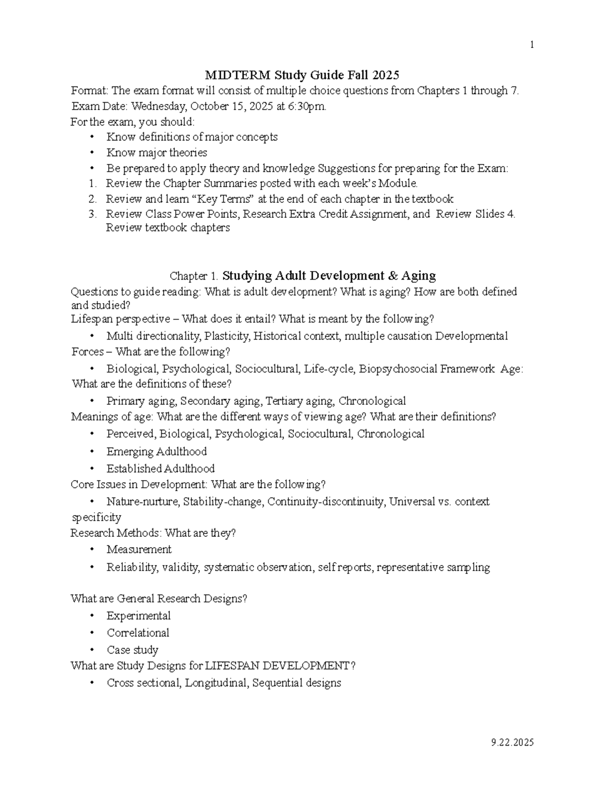 LIFESPAN DEVELOPMENT 1 MIDTERM Study Guide (Chapters 1-7) - Fall 2025 ...