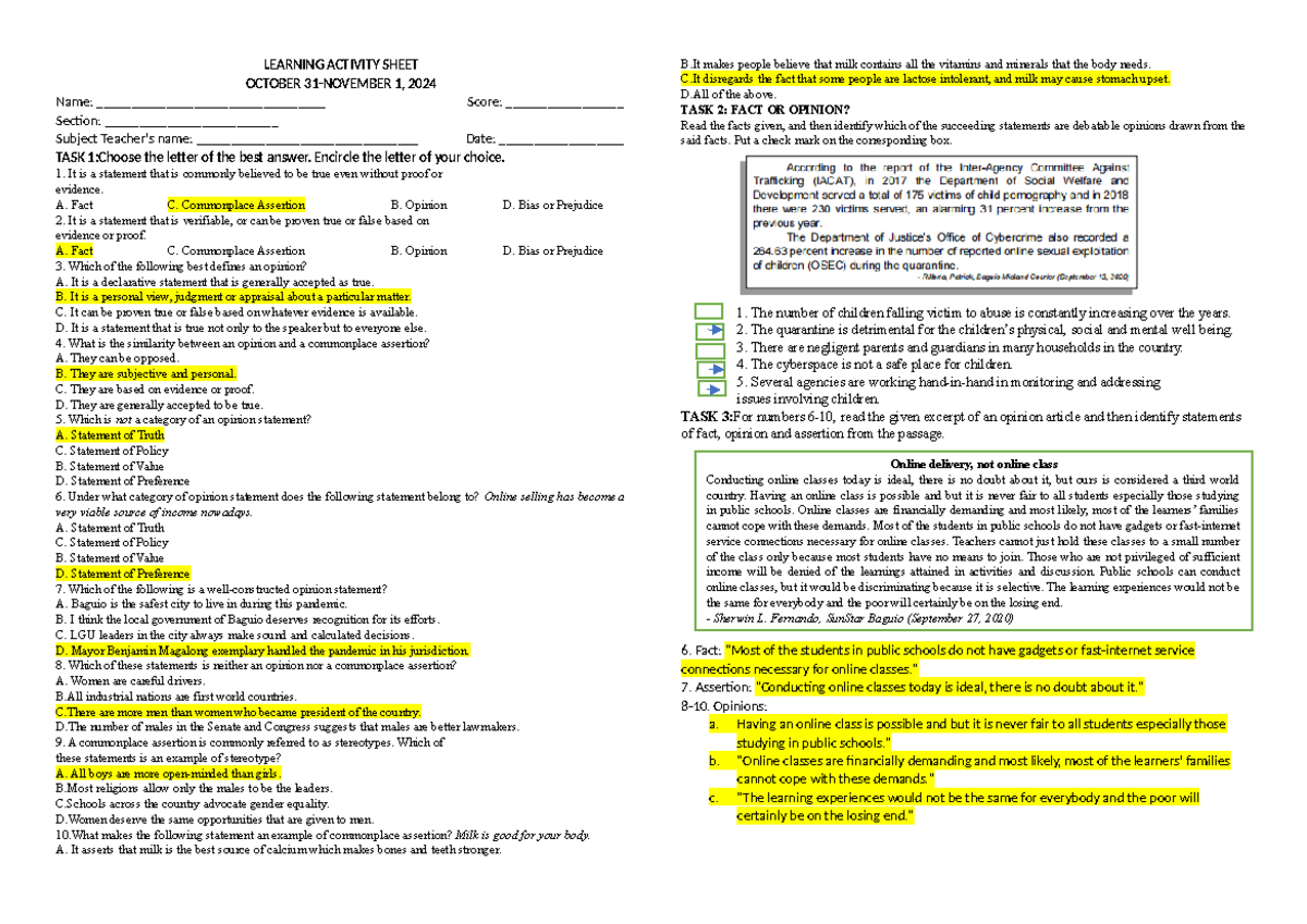 Formulating Assertions in Opinion Statements: Learning Activity Sheet ...