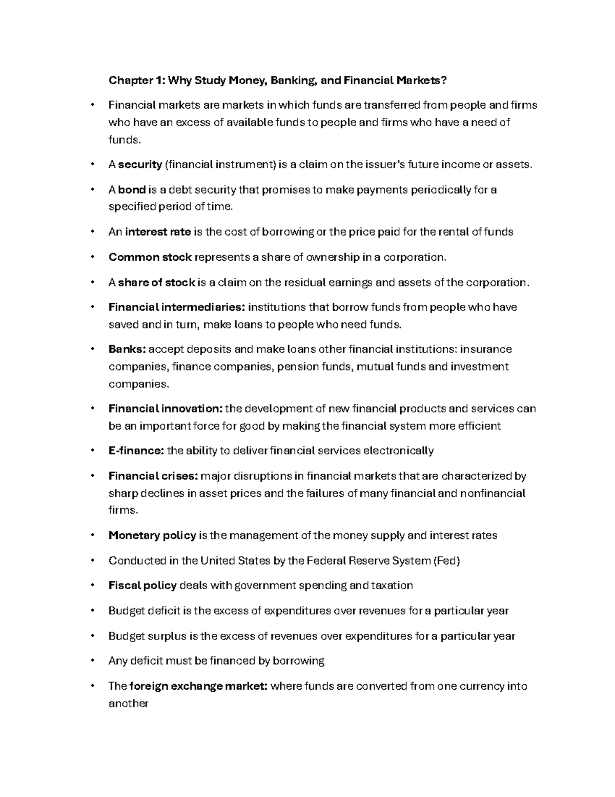 Financial Markets and Monetary Policy Overview: Ch 1 & 2 Notes - Studocu