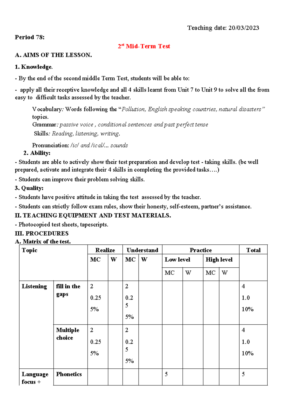 Teaching Date: Unit 10 Communication - Period 78: 2nd Test A Objectives ...