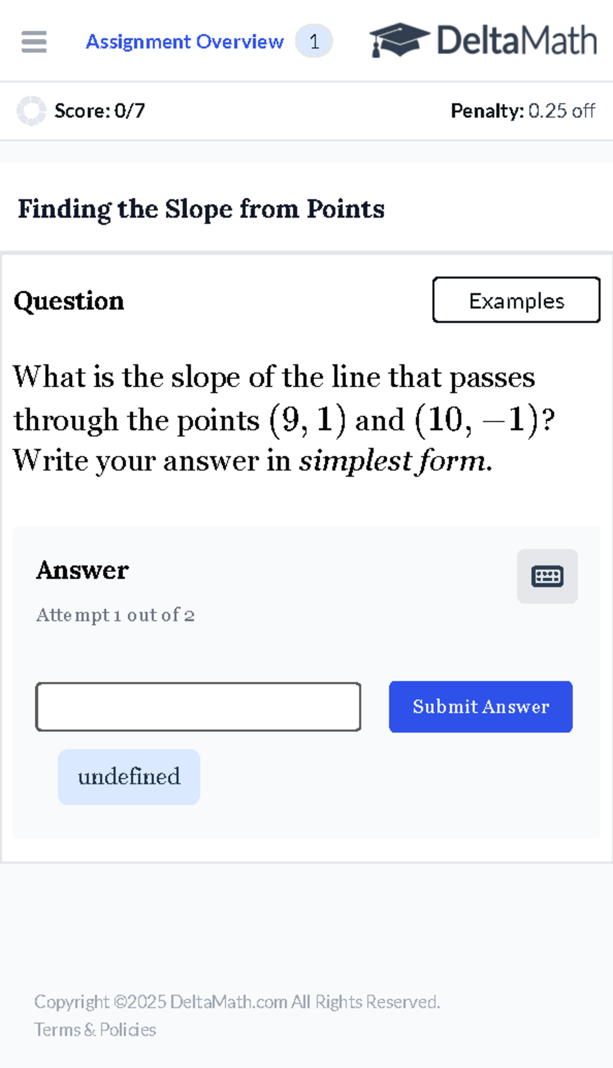 Delta Math Student Application - Score: 0/7 Penalty: 0 off Finding the ...
