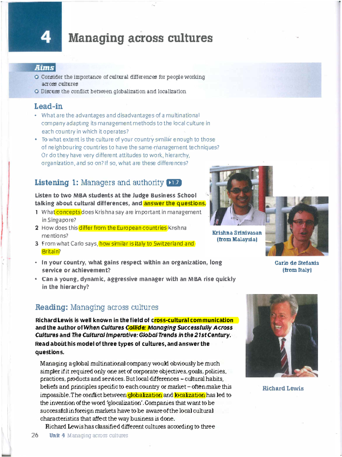 UNIT 4 Managing Across Cultures - ' ... Managing cross cultures O ...