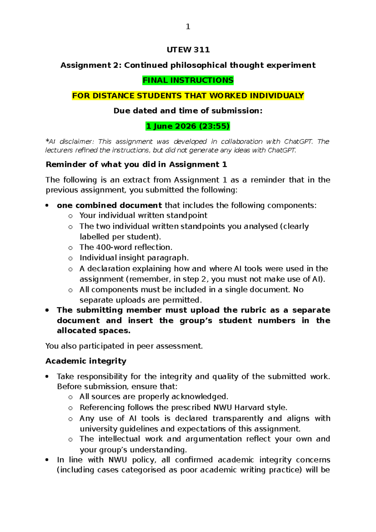 UTEW 311 Assignment 2: Philosophical Thought Experiment Guidelines ...
