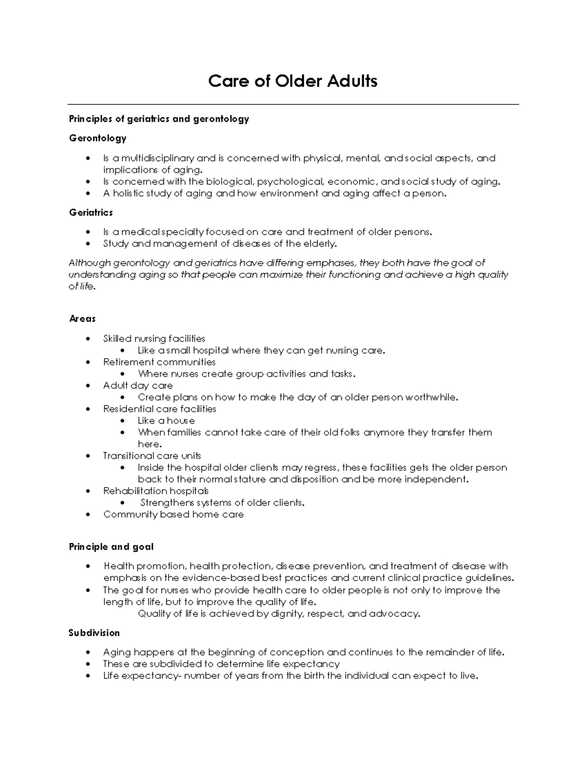 Care of Older Adults- Notes 2 August 22 - Care of Older Adults ...