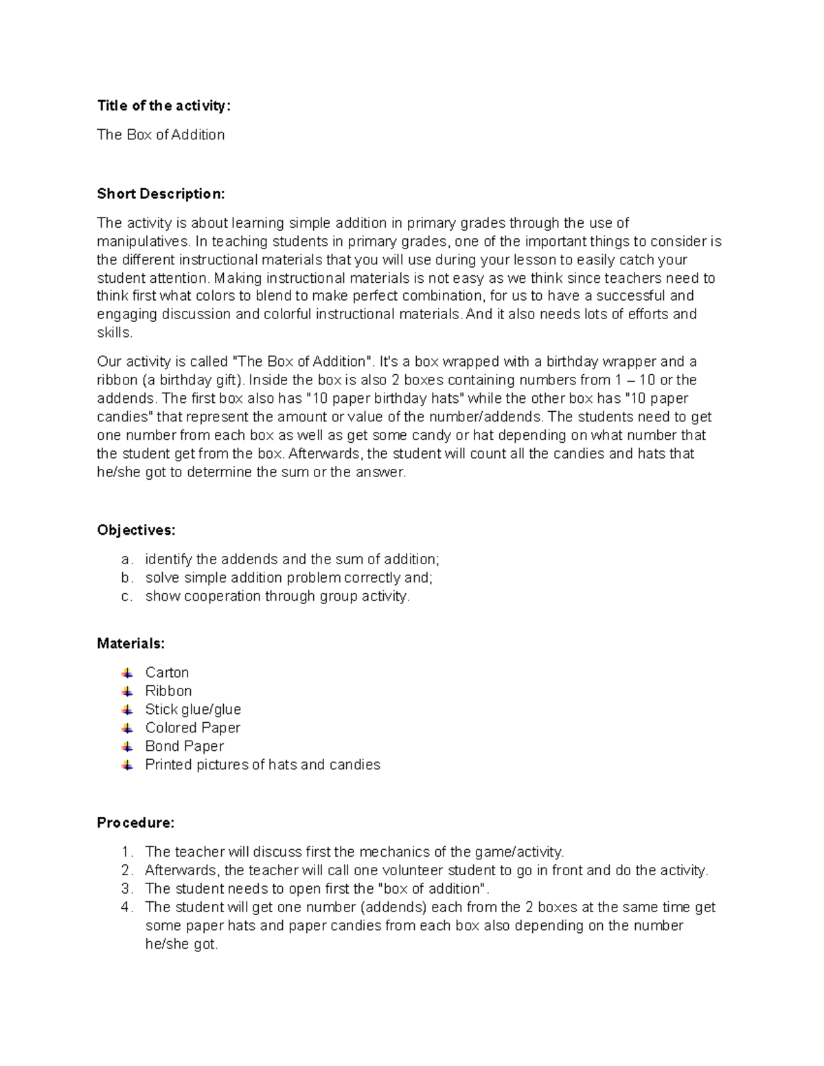Activity Plan: The Box of Addition for EducScMath 311 Midterm - Studocu