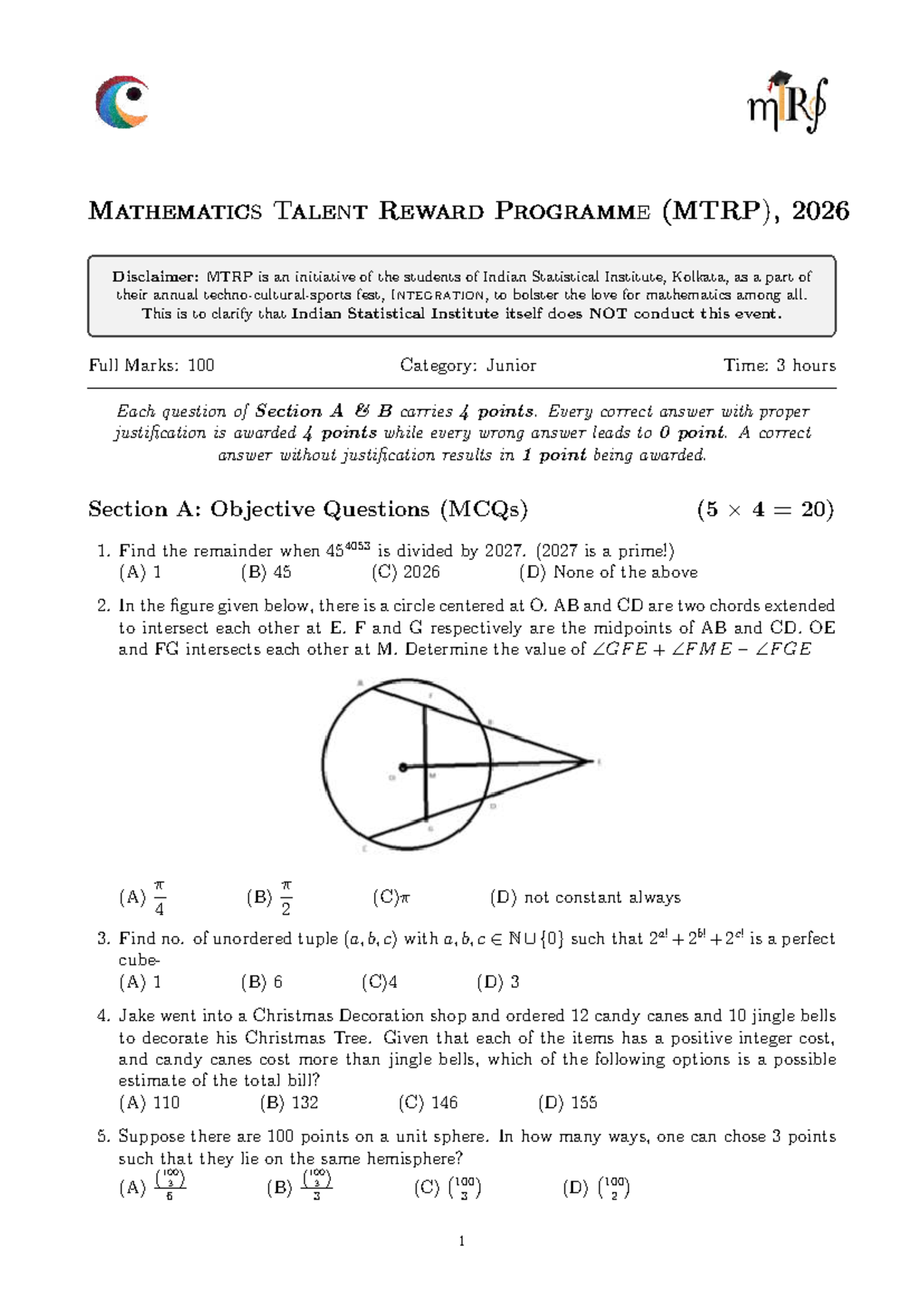 MTRP 2026 Junior Mathematics Talent Reward Programme Exam Guide - Studocu