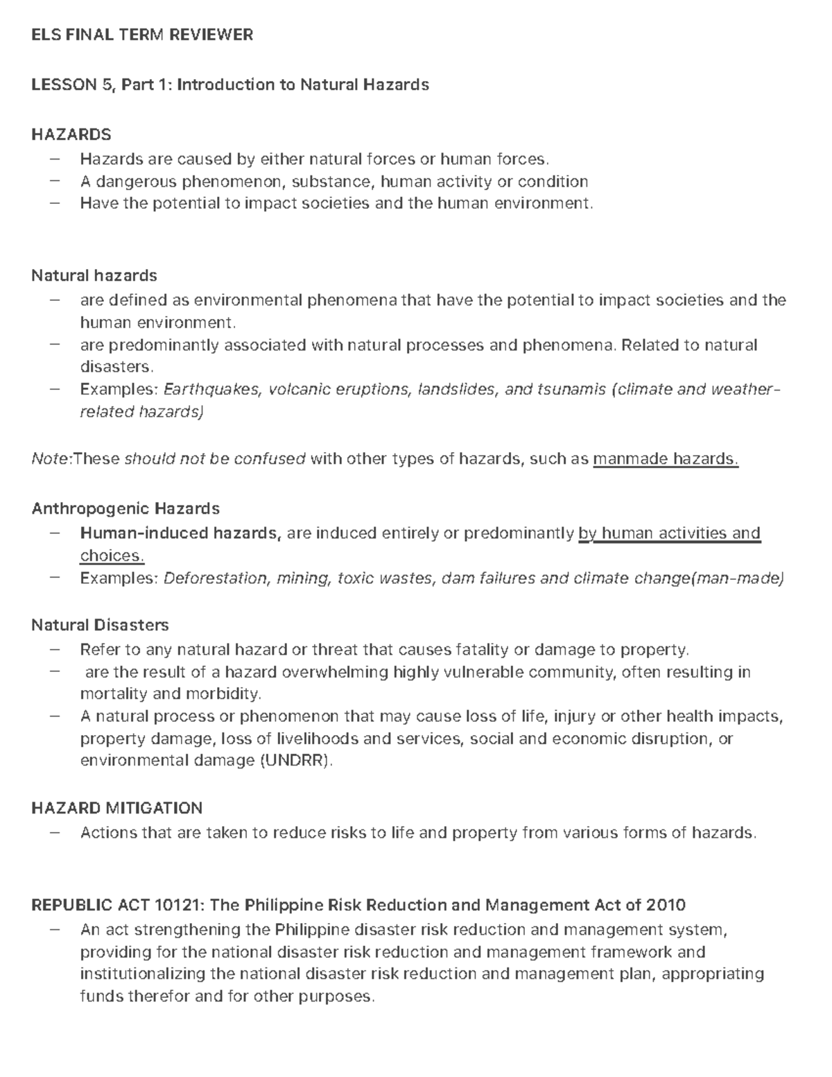 ELS FINAL TERM REVIEWER: Natural Hazards and Geological Processes - Studocu
