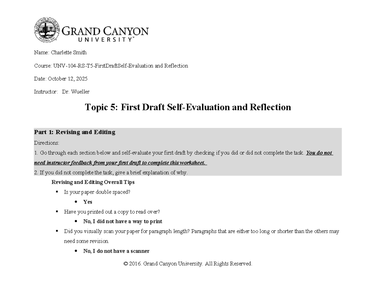 UNV-104-RS-T5-First Draft Self-Evaluation & Reflection Guide - Studocu