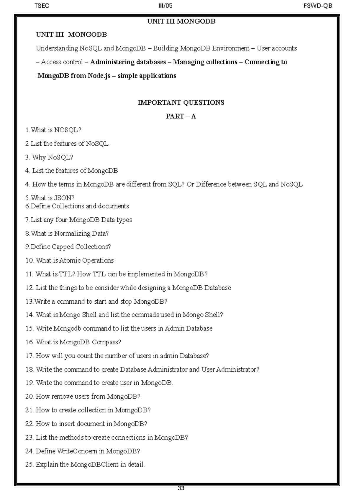 TSEC UNIT 3 - FULL STACK WEB DEV: MongoDB NoSQL Concepts & Q&A - Studocu