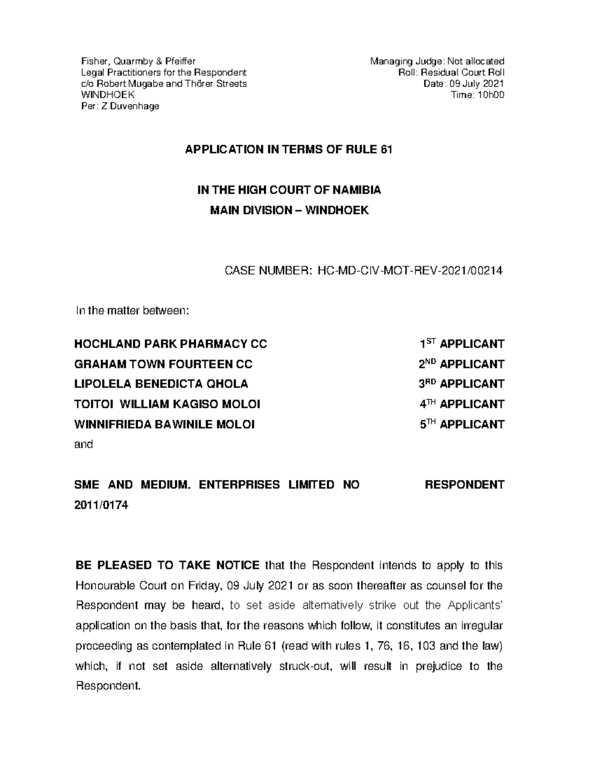 Application to Set Aside Irregular Proceedings - Rule 61 Notice - Studocu