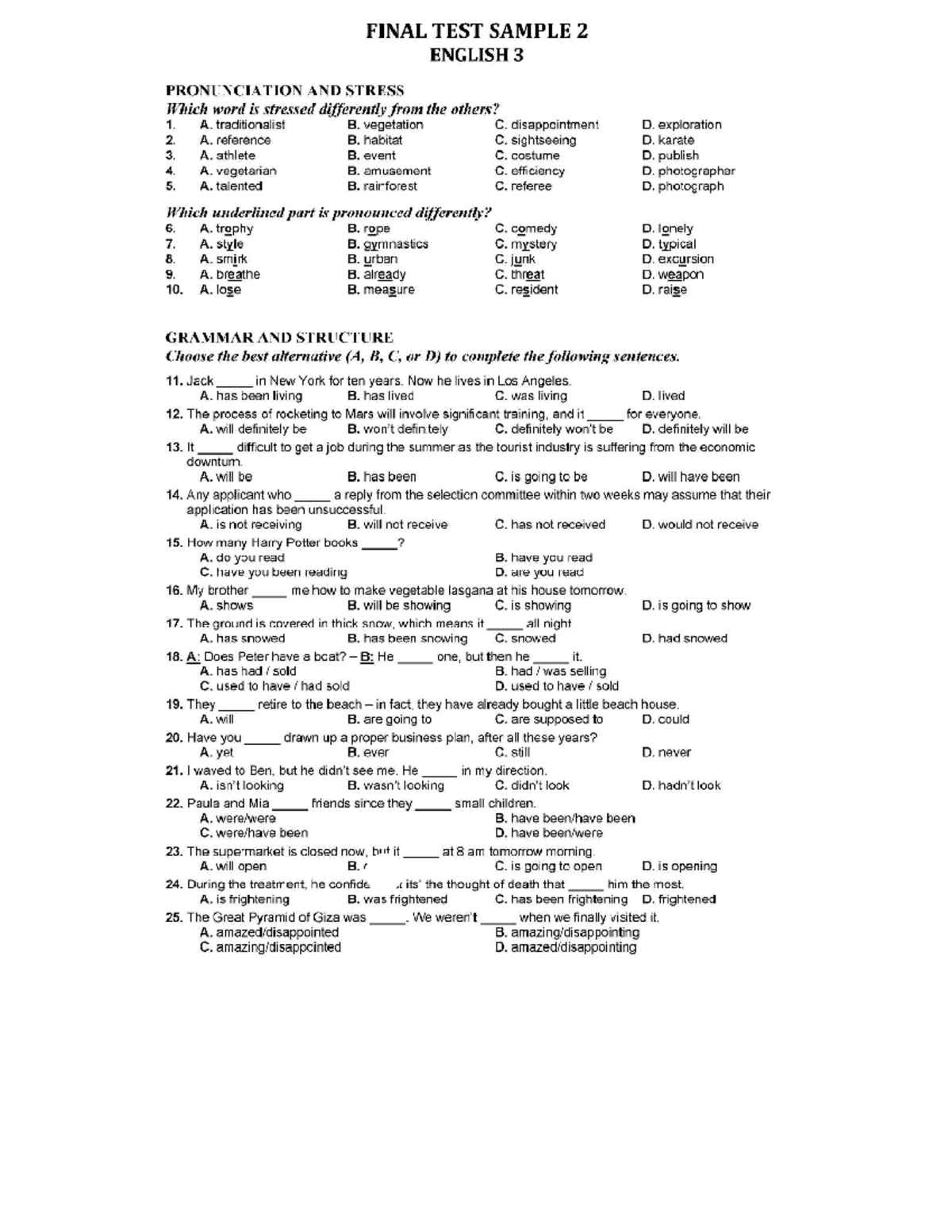 FINAL TEST SAMPLE 2 ENGLISH 3: PRONUNCIATION, STRESS & GRAMMAR - Studocu