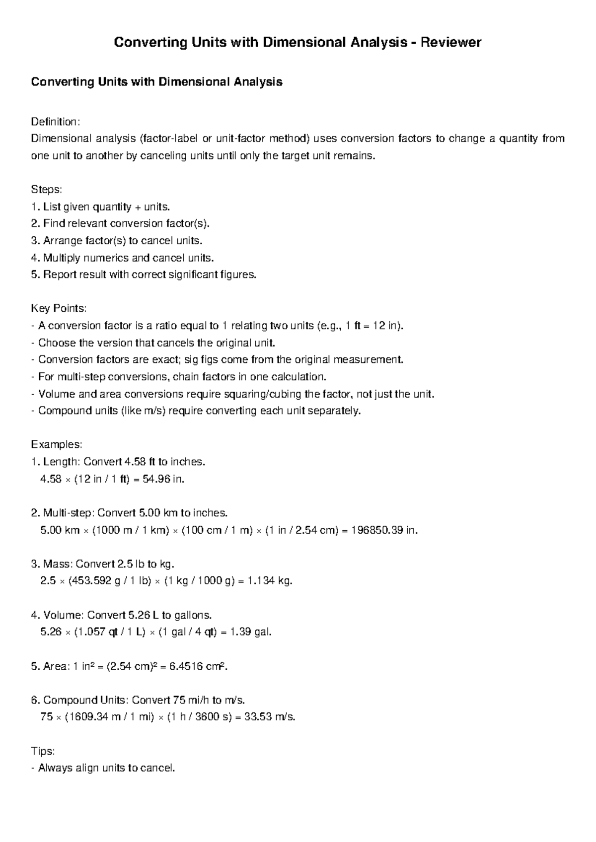 Dimensional Analysis Unit Conversion Review Guide - Studocu
