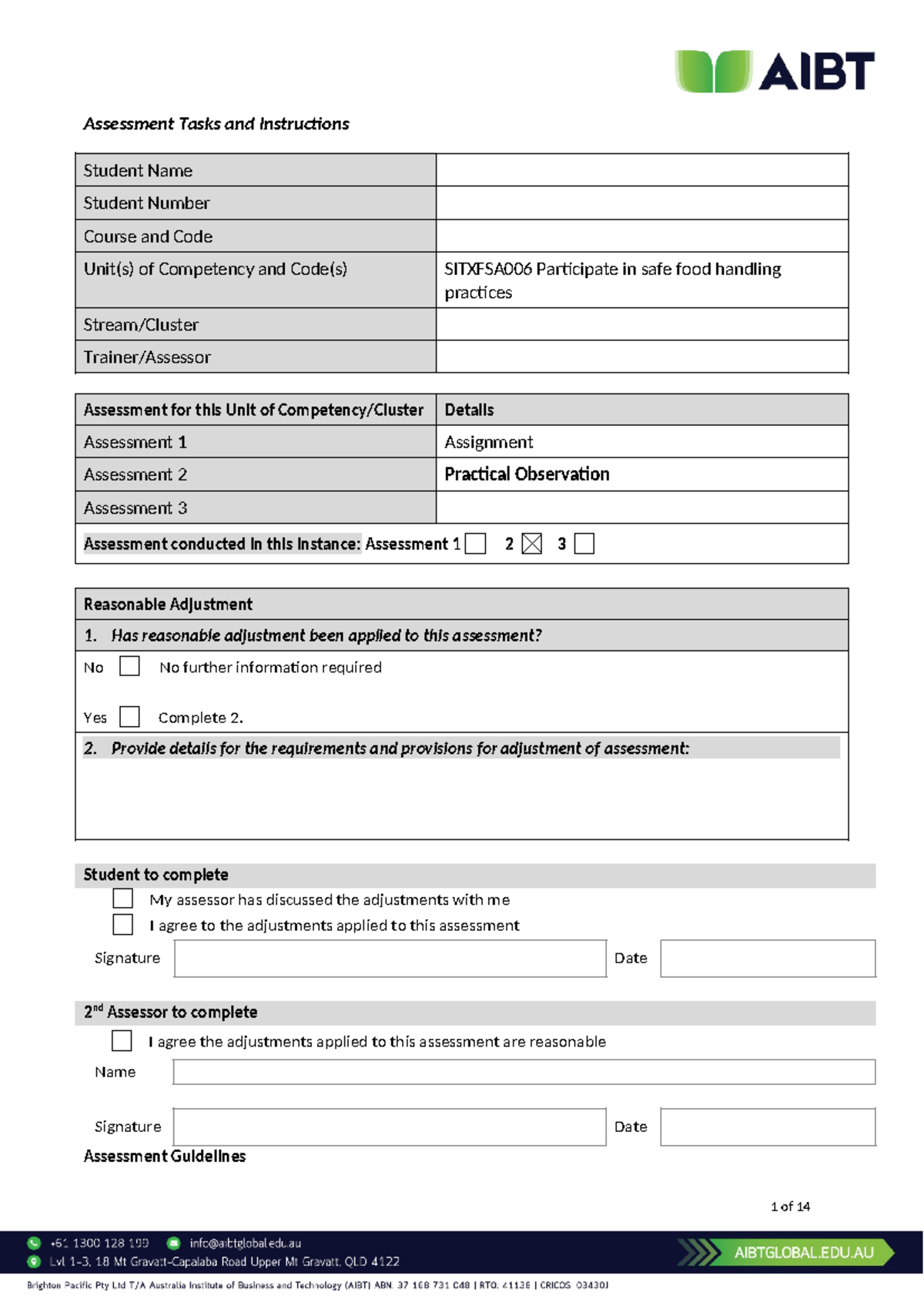 SITXFSA006 Assessment 2: Practical Observation Guidelines and Criteria ...