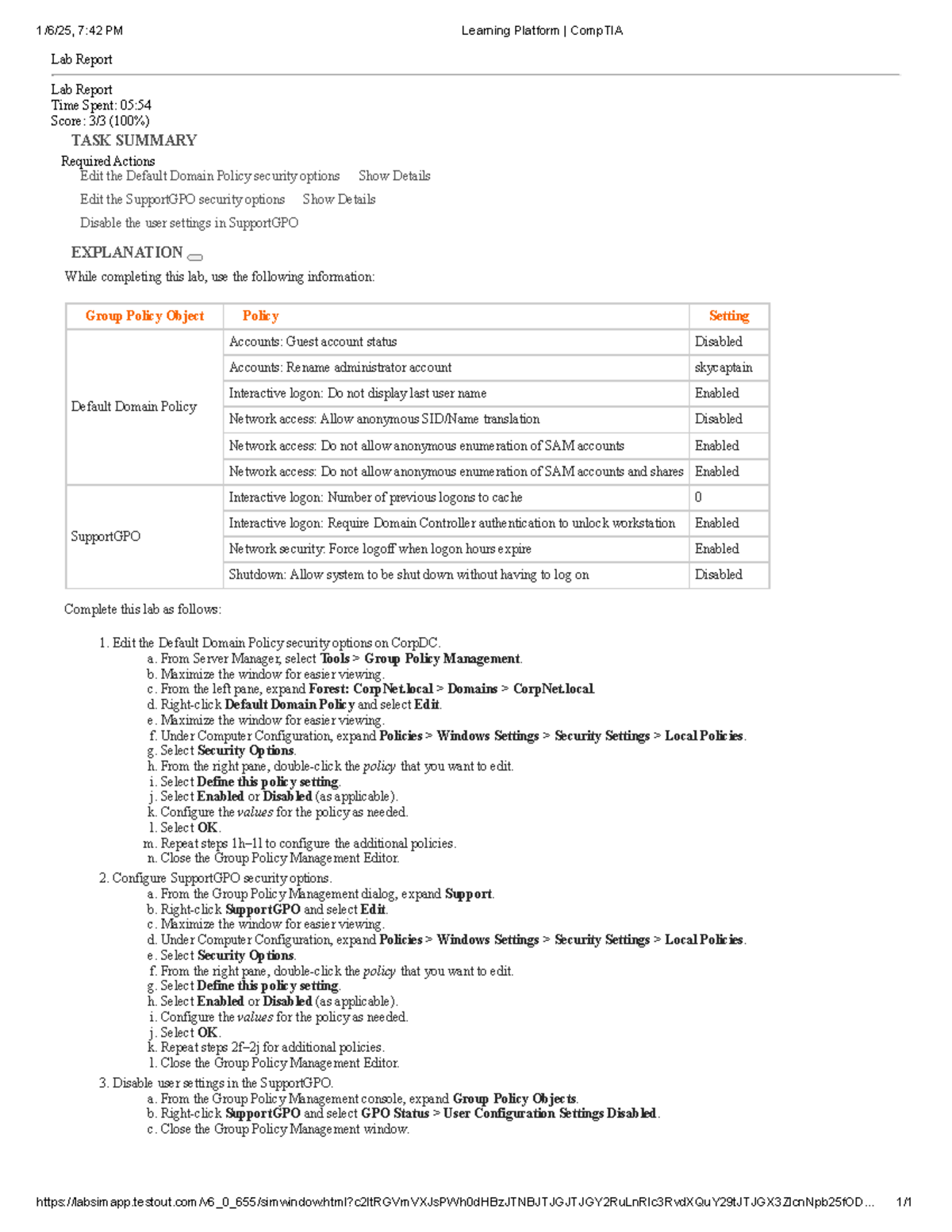 Configure Security Options - Lab Report Lab Report Time Spent: 05 ...
