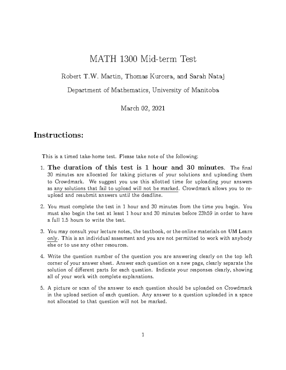 MATH 1300 Midterm Test Instructions & Sample Questions - Studocu