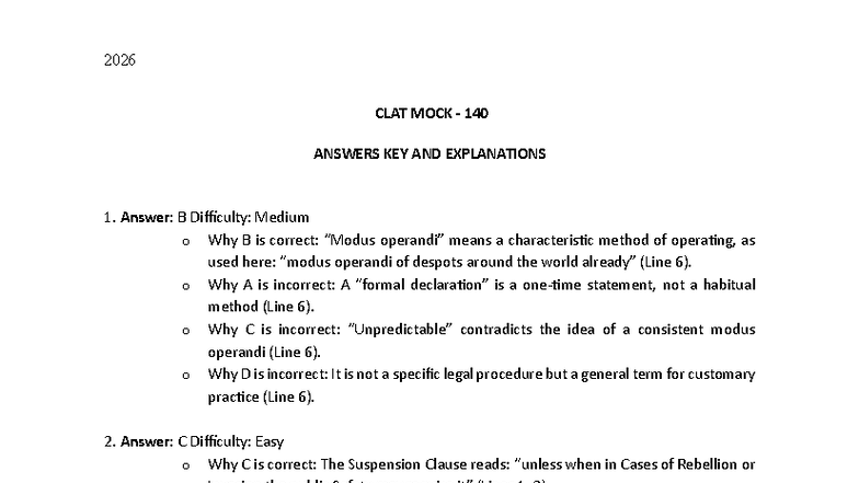 August 2026 CLAT Mock Test Paper 1 Answer Key & Explanations - Studocu