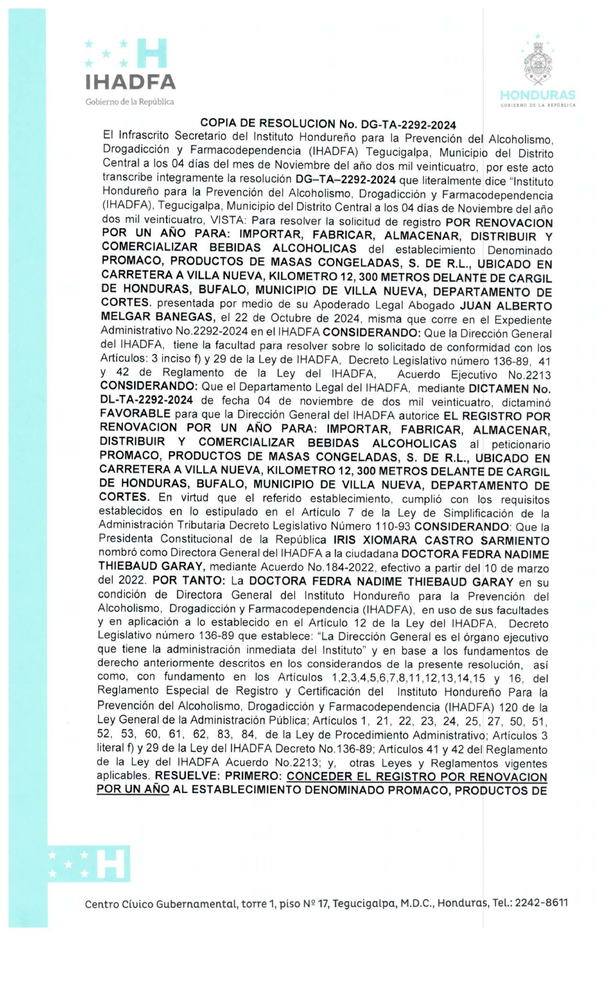 Resolución IHADFA No. DG-TA-2292-2024 sobre Registro de Bebidas ...