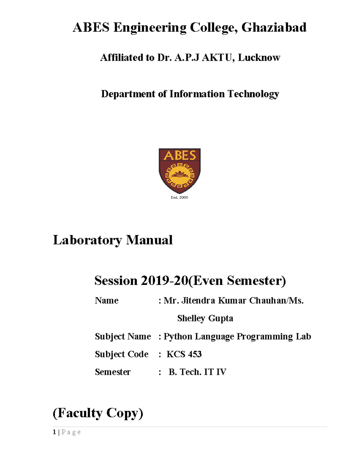 Python Language Programming Lab Manual (KCS 453) - B.Tech IT IV - Studocu