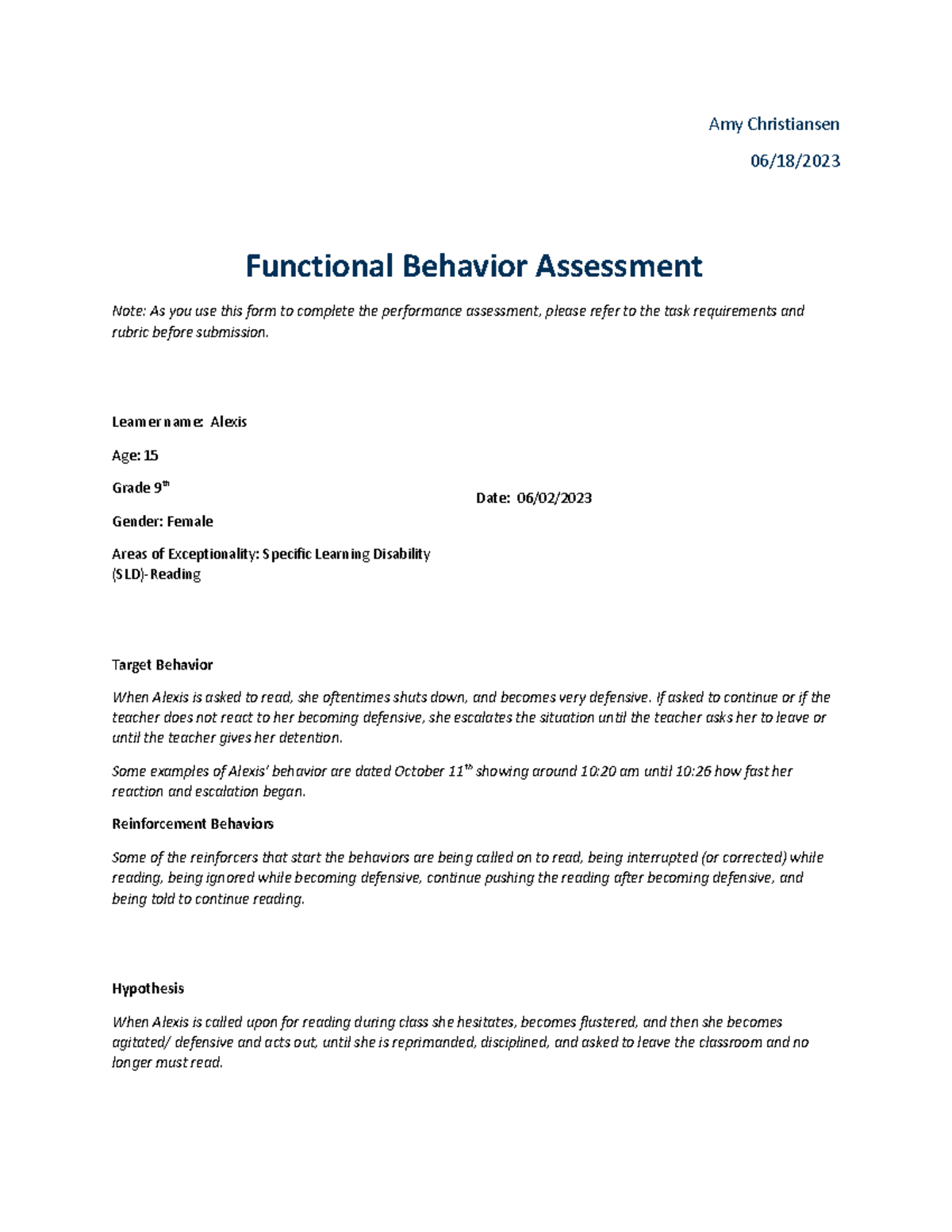 QEM1 TASK 1 Functional Behavior Assessment AND Behavioral Improvement ...