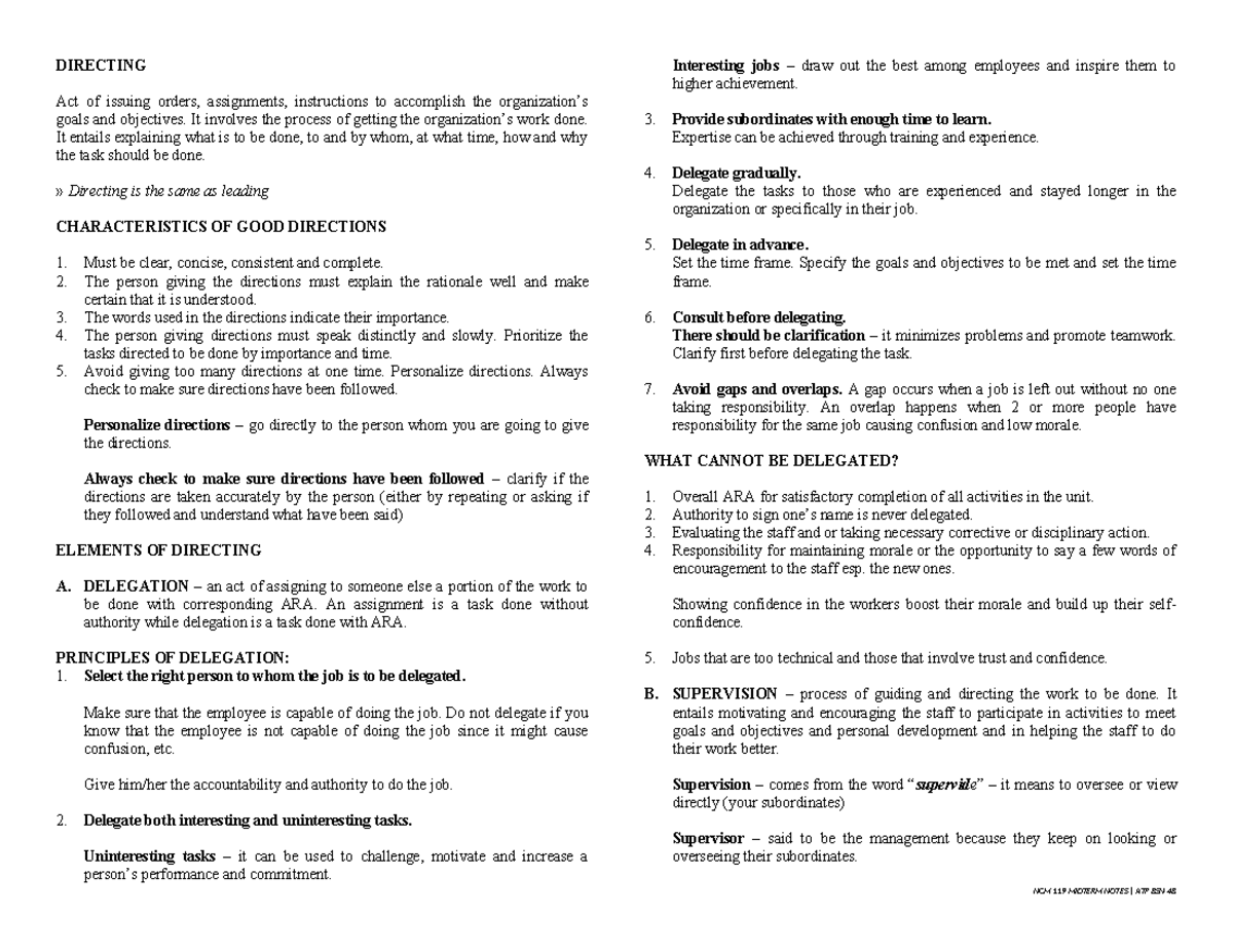 NCM 119 MIDTERM NOTES: DIRECTING AND MANAGEMENT ESSENTIALS - Studocu