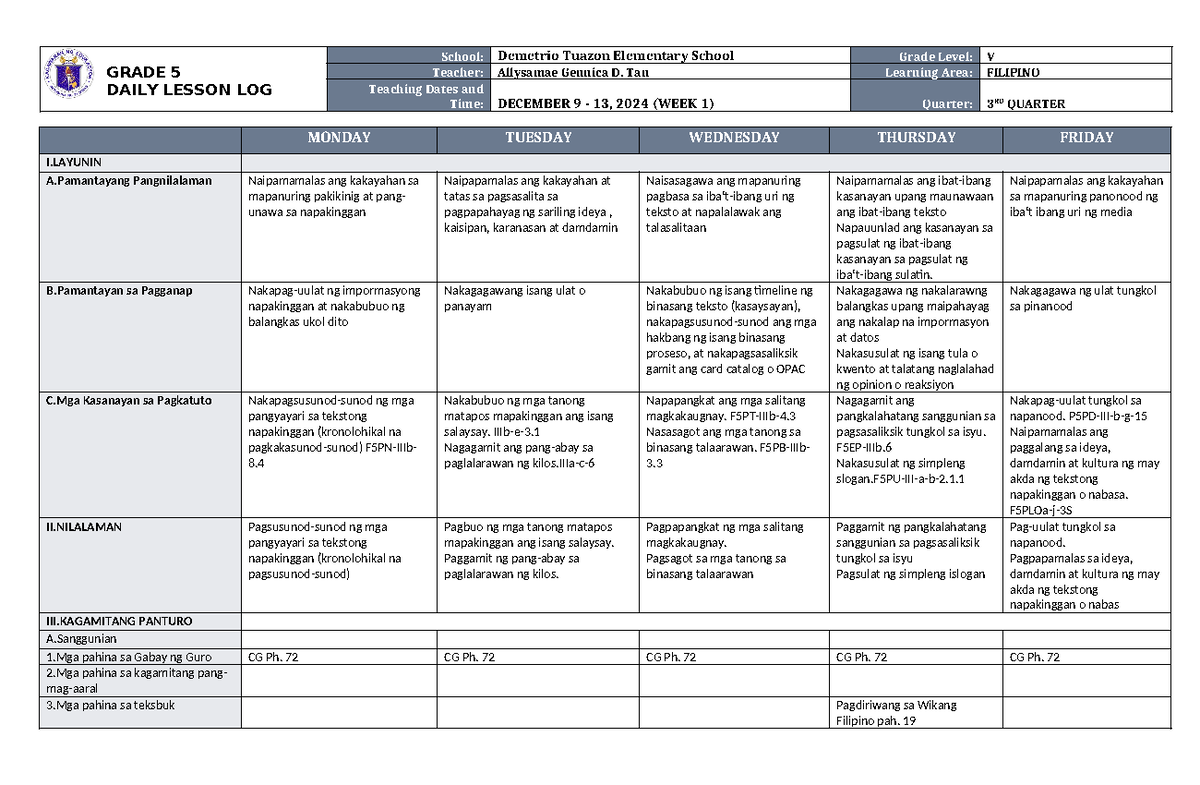 DLL Filipino 5 Q3 W2 - Comprehensive Lesson Plan for Week 1 - Studocu