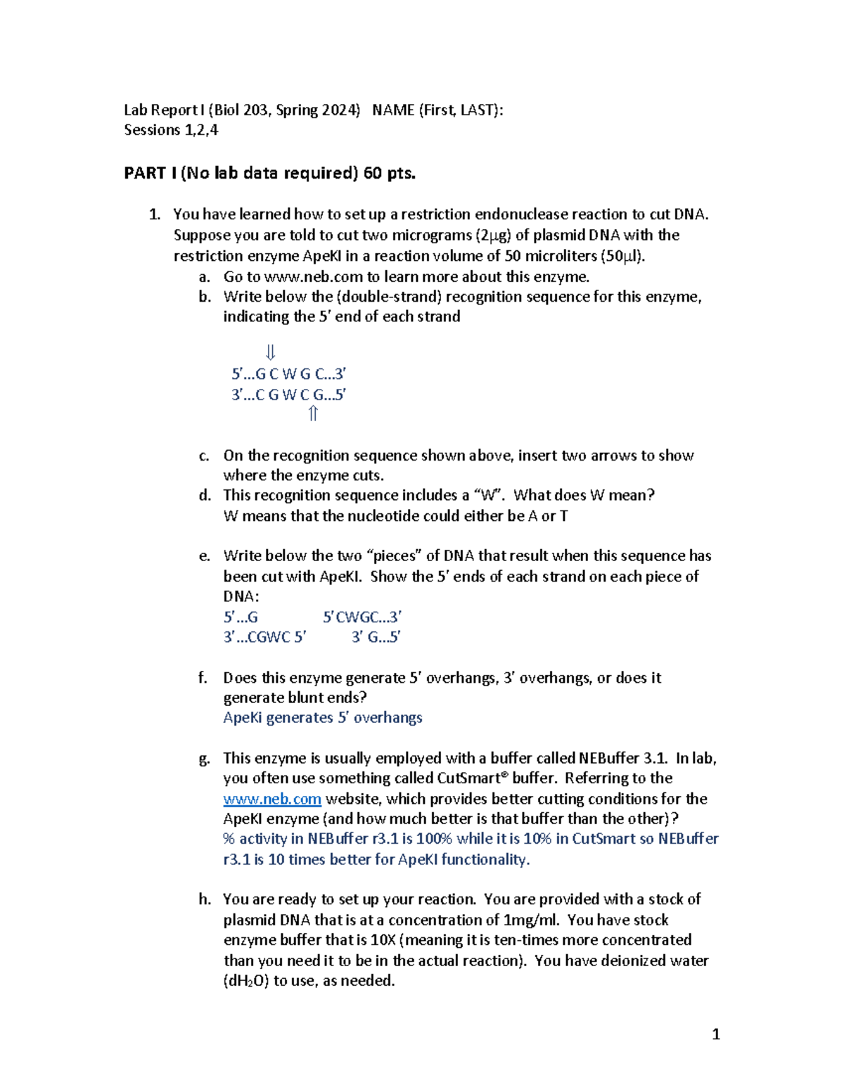 BIOL 203 Lab Report I: Restriction Enzyme Analysis and Results - Studocu