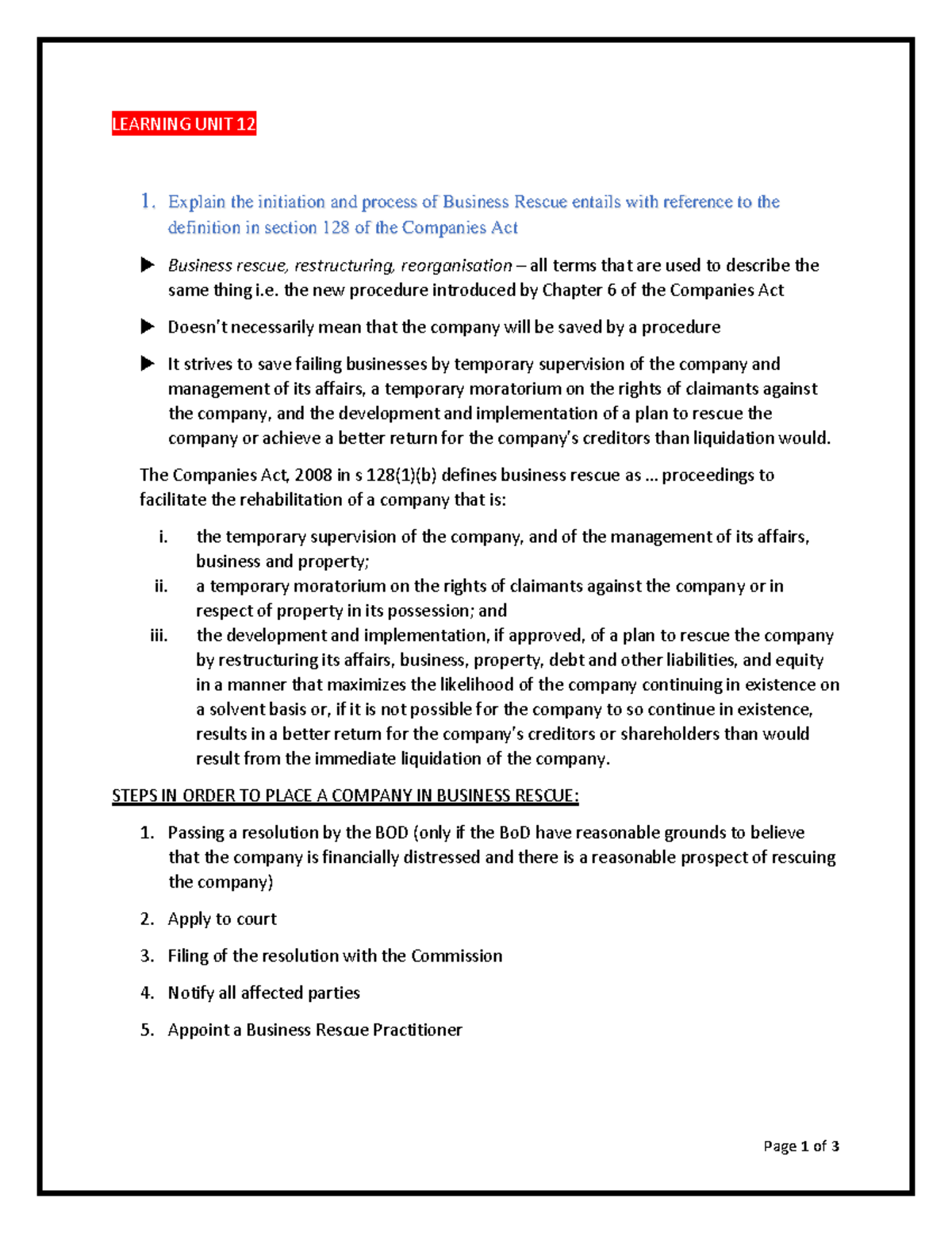 Learning UNIT 12 notes - Page 1 of 3 LEARNING UNIT 12 1. Explain the ...