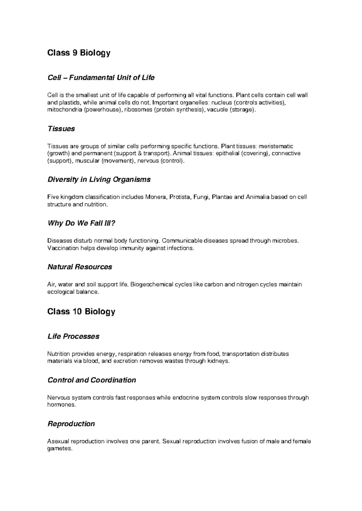 NDA Biology Notes: Class 9 & 10 Overview of Life Processes - Studocu