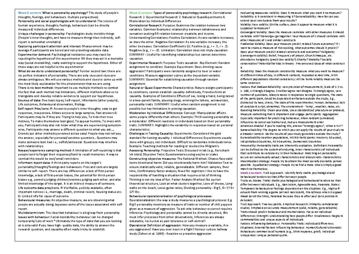 PSY 101: Week 1-3 Cheat Sheet on Personality Psychology Concepts - Studocu