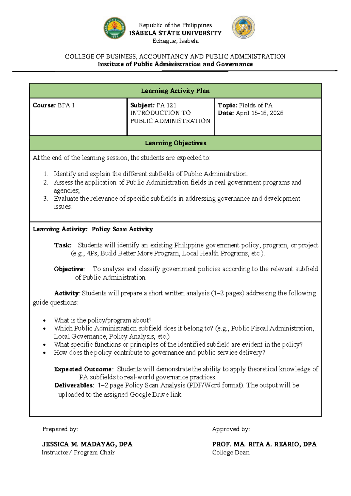 BPA 1 PA 121 Learning Activity Plan: Policy Scan Analysis - Studocu