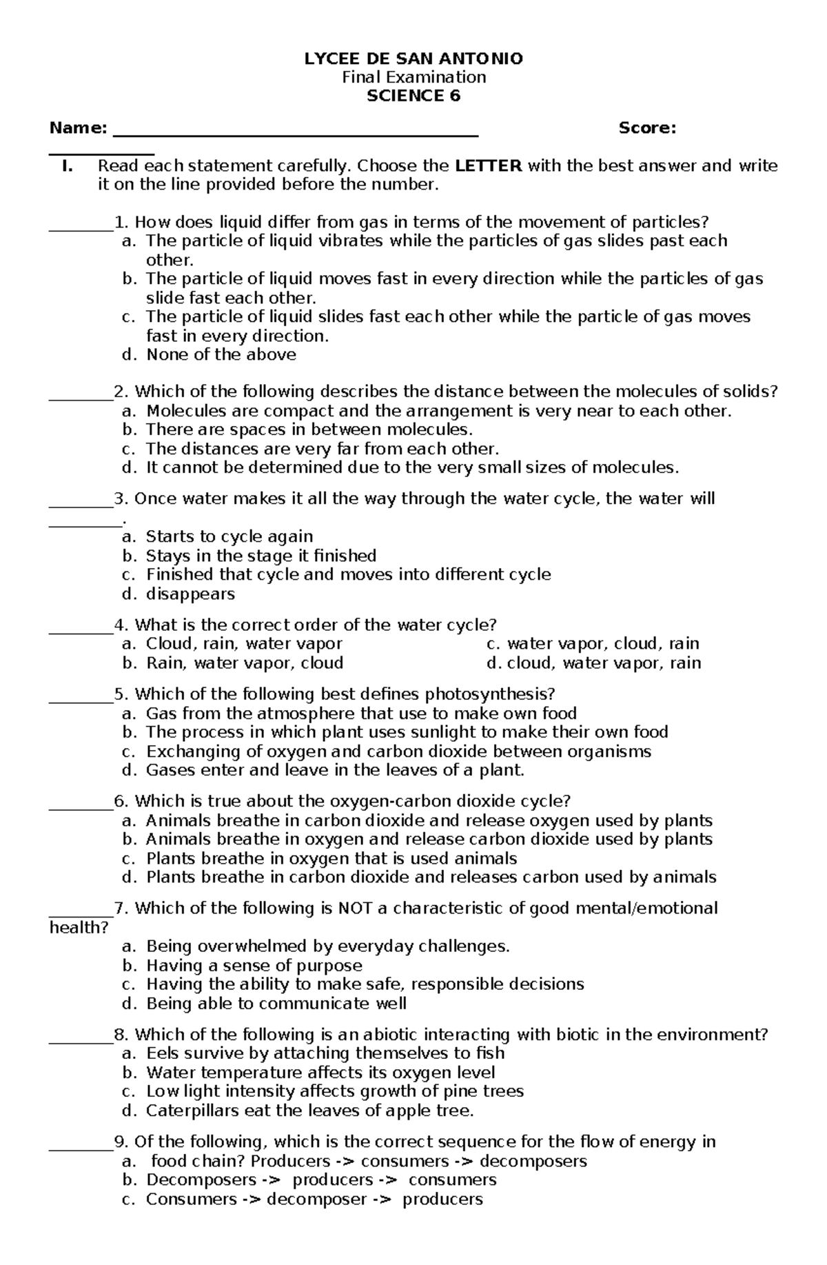 Science 6 (Final Exam) - Sample Questions & Answers for Review - Studocu