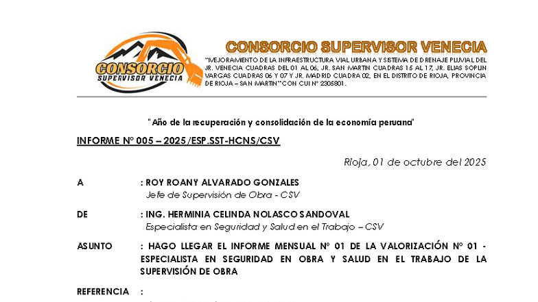Informe Mensual N° 01 de Supervisión en Seguridad y Salud - CUI 2305801 - Document Preview
