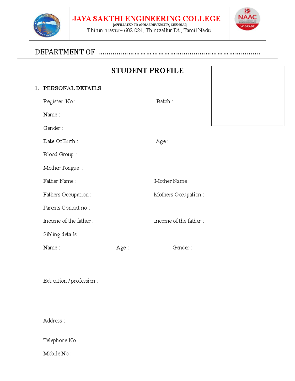 Student Profile Document - JAYA SAKTHI ENG COLLEGE - Studocu