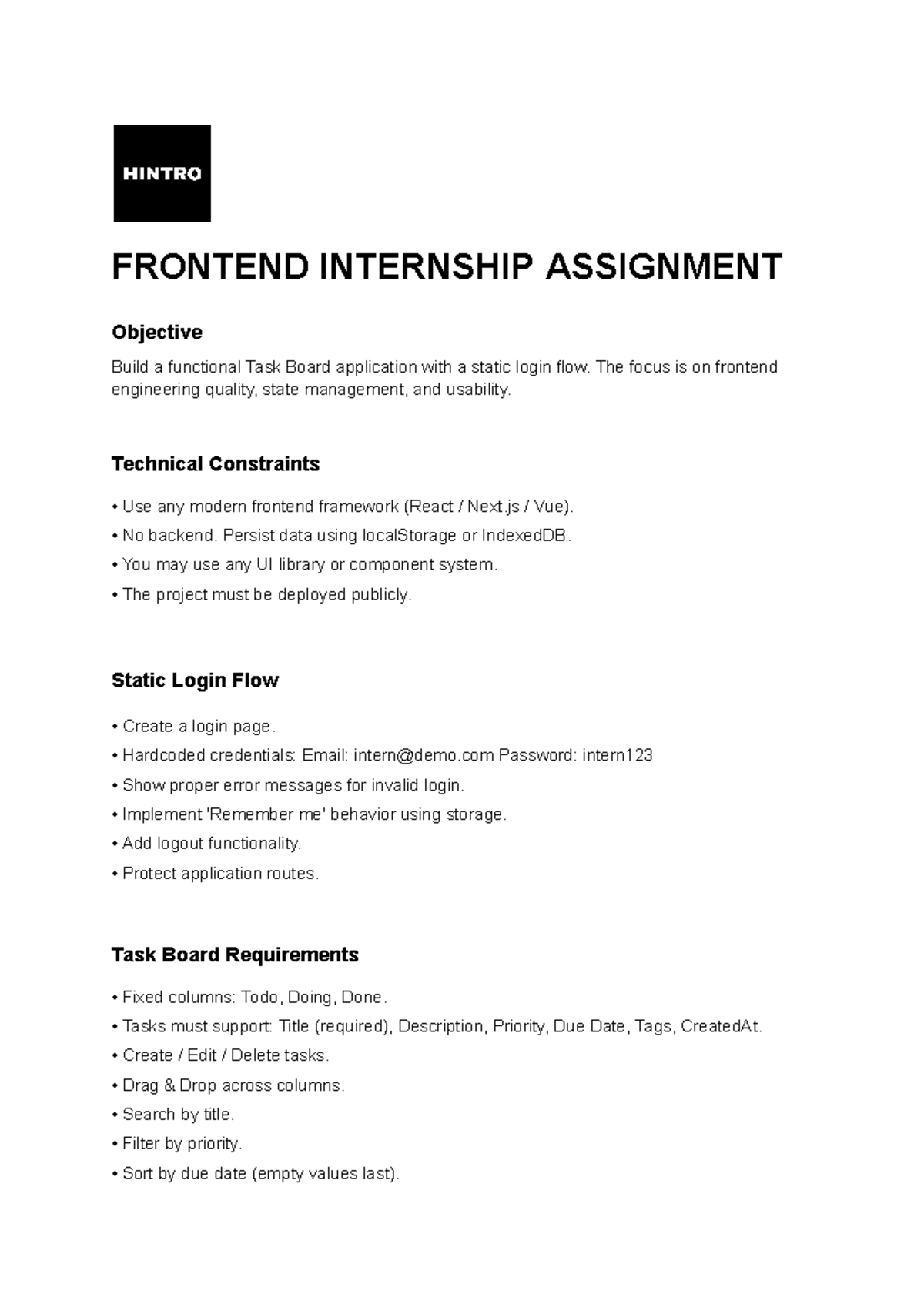 Frontend Internship Assignment: Task Board App Development - Studocu