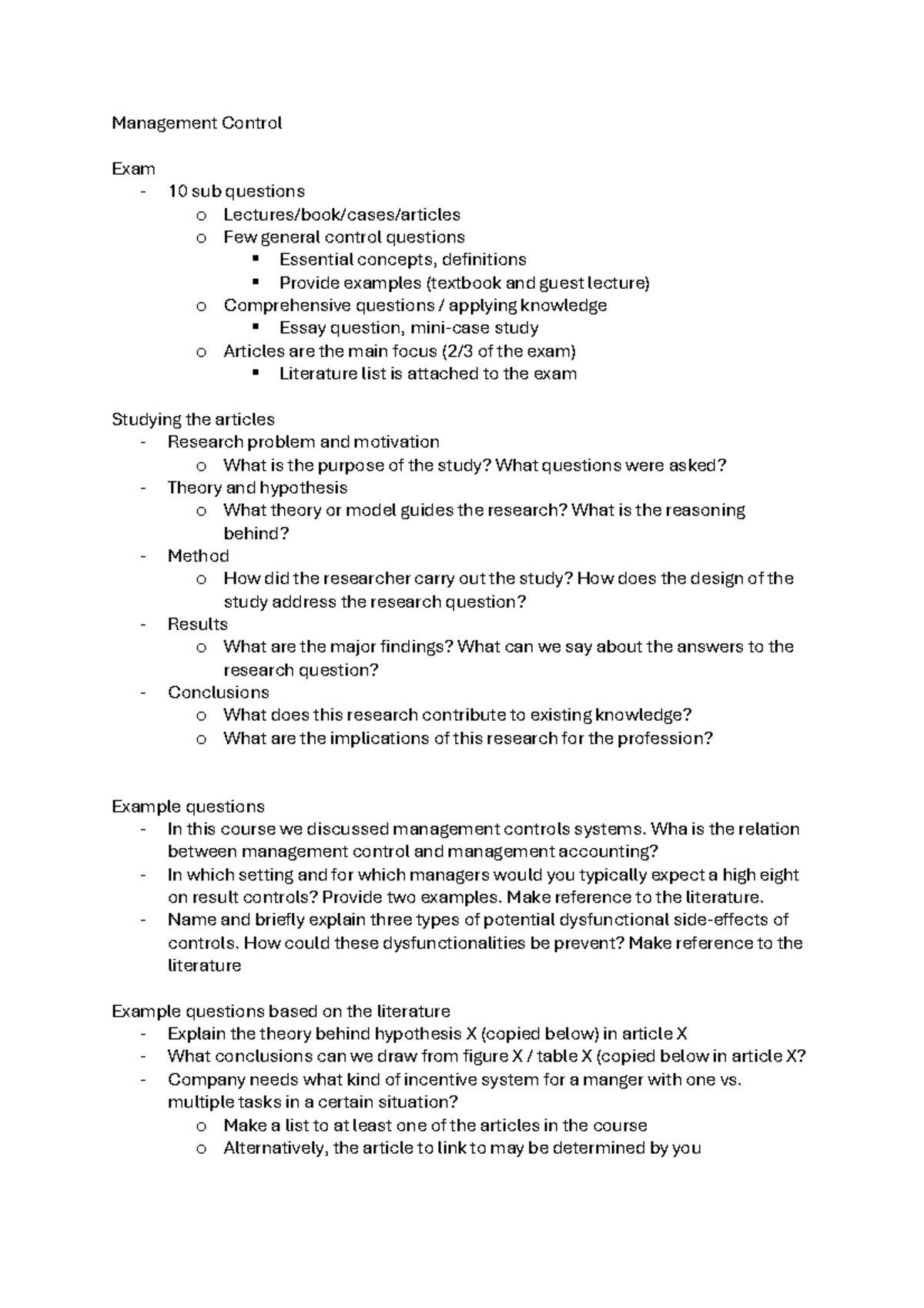 Management Control (MGT 301) Final Exam Study Guide and Outline ...